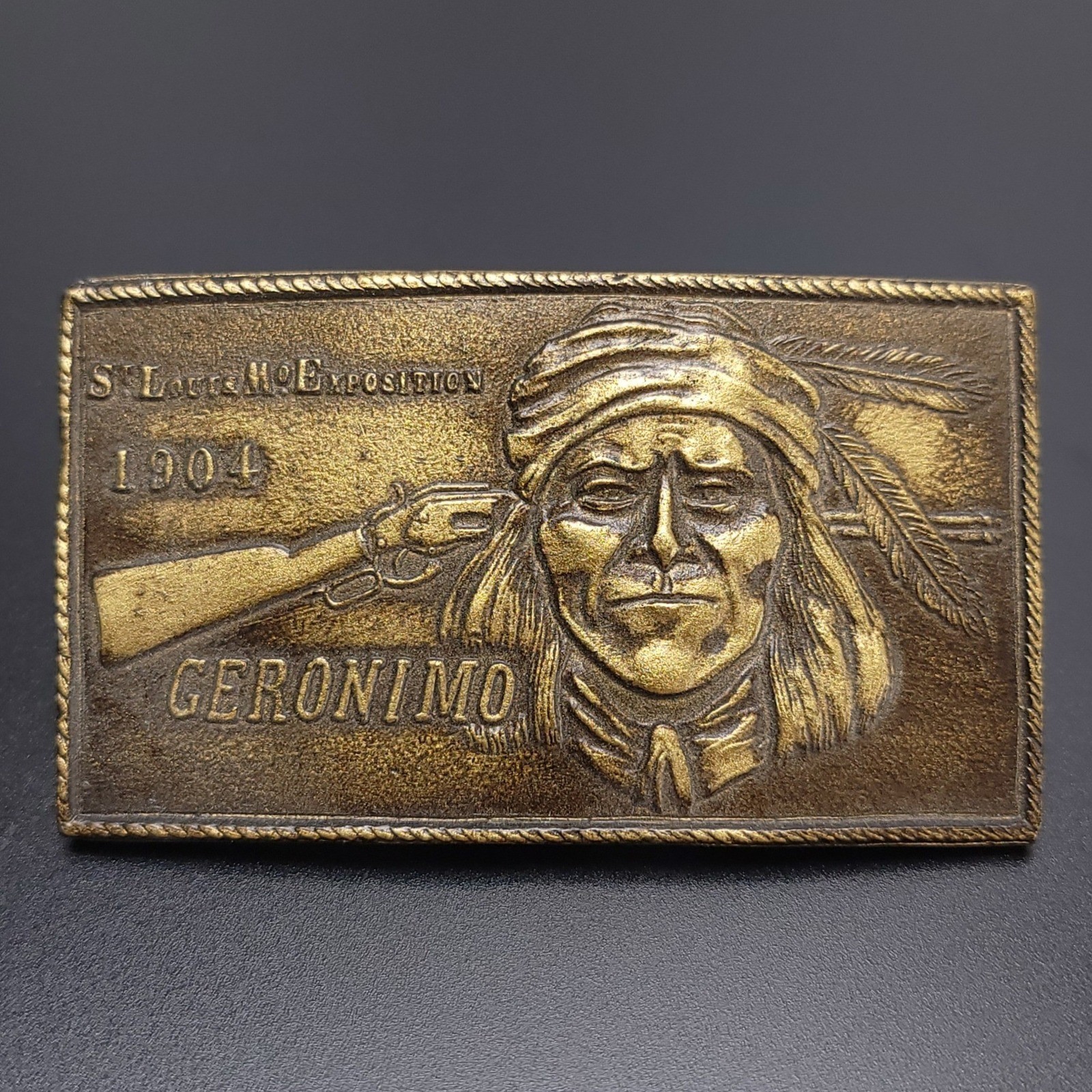Vintage Geronimo 1904 St Louis MO Exposition Brass Belt Buckle Western Antique