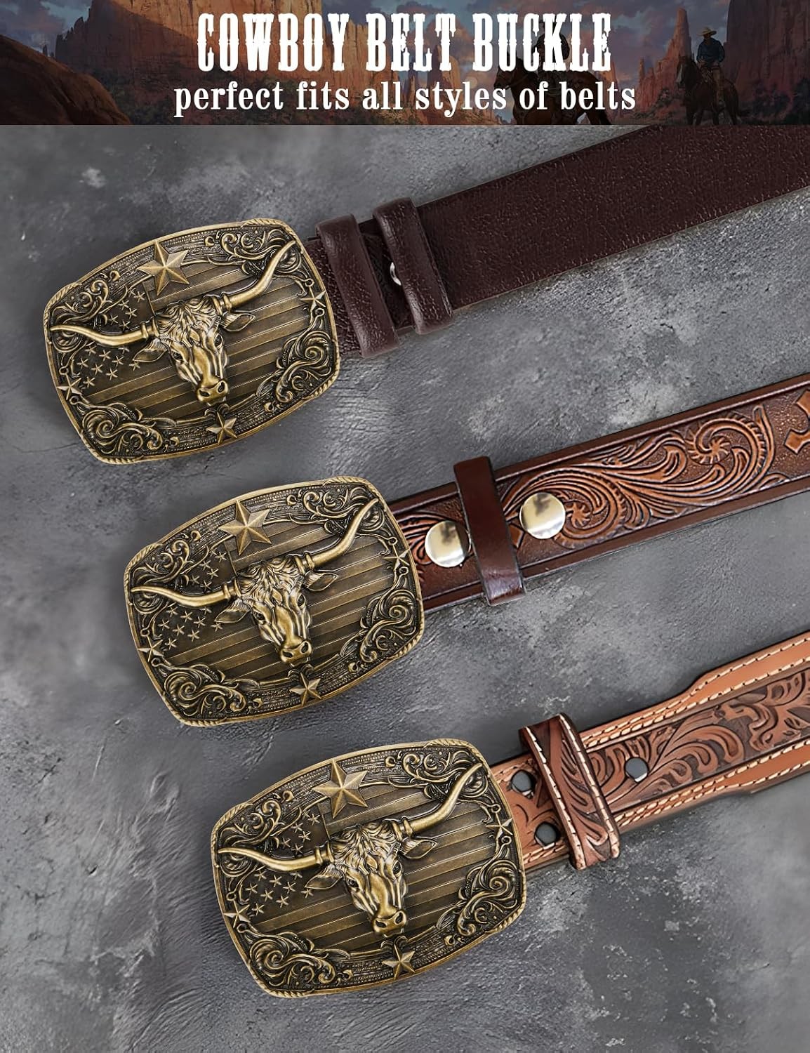 Western Men&rsquo;s Belt Buckles Longhorn Bull Bronze Cowboy Belt Buckles for Men