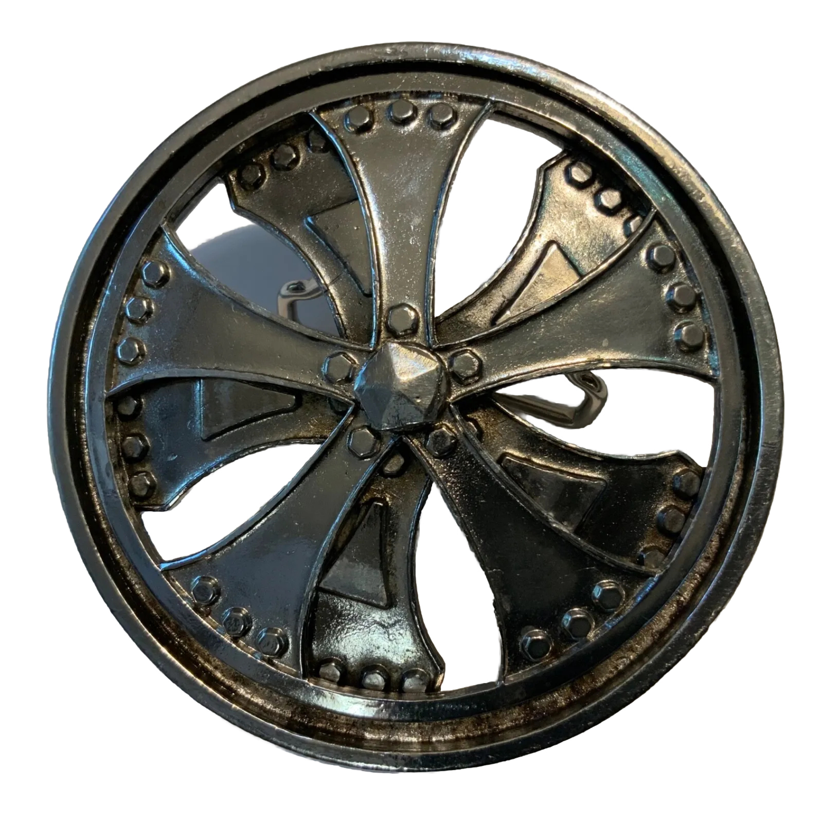 Silver Star belt buckle Spinning moving round figural novelty hubcap silver tone