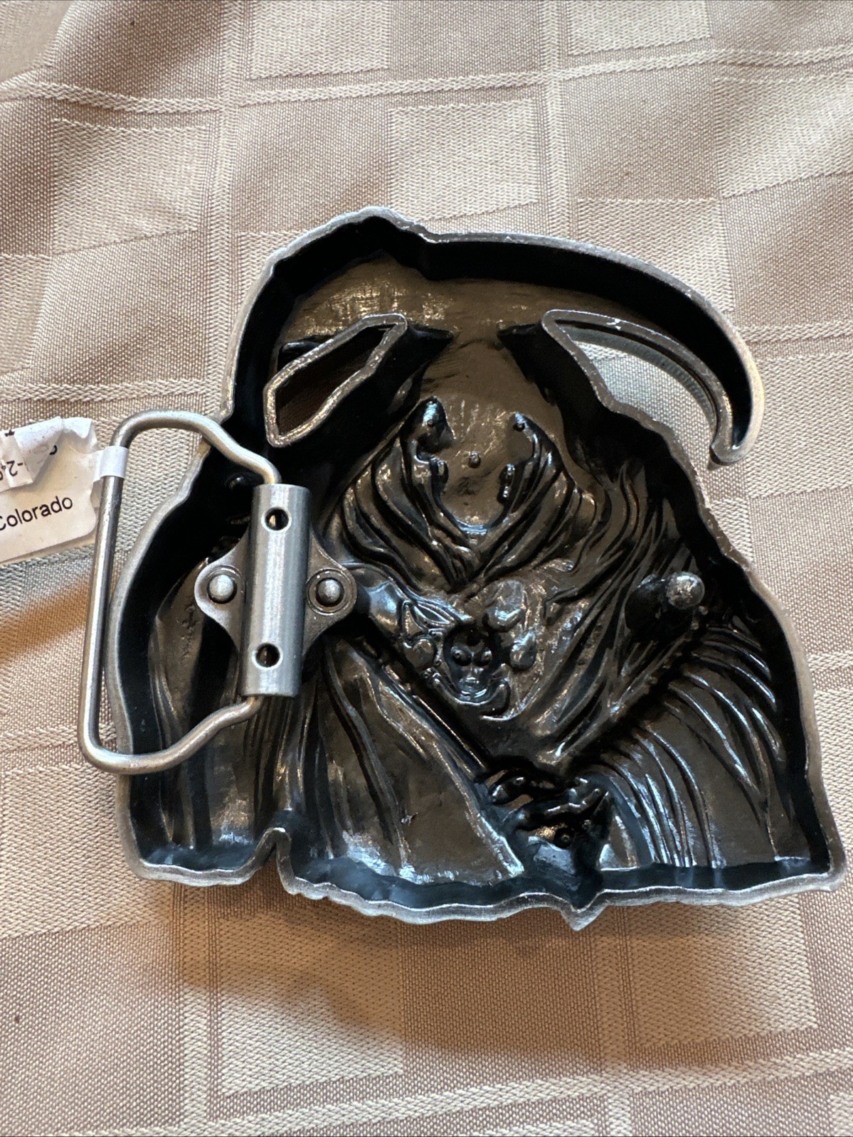 Metal Belt Buckle Grim Reaper Skull Scythe 3D Relief Silver Tone Biker Style