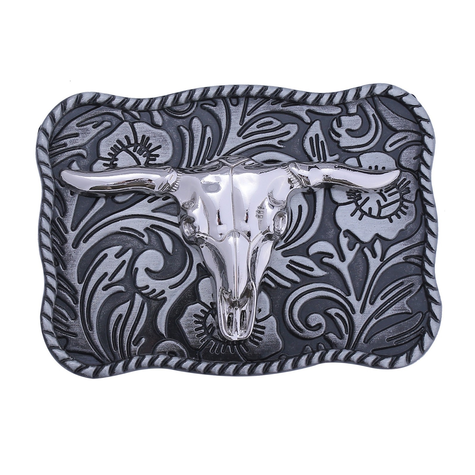 Chrome Longhorn Skull Western Bull Belt Buckle Engraved Cowboy Unisex 3.5 x 2.5