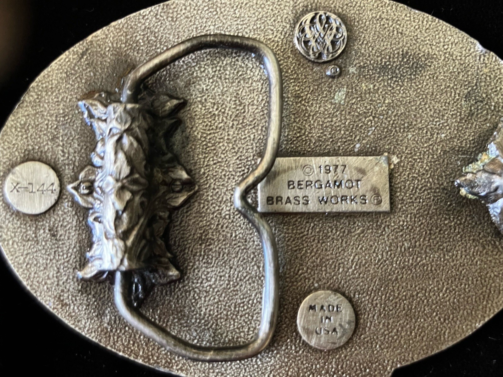 Bergamot Brass Works Bass Belt Buckle Vintage 1977 X-144. Made In USA Fishing
