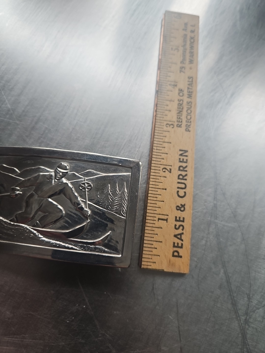 JUSTIN BELT CO. FORT WORTH TEXAS Vintage Skiing Silver Tone Belt Buckle