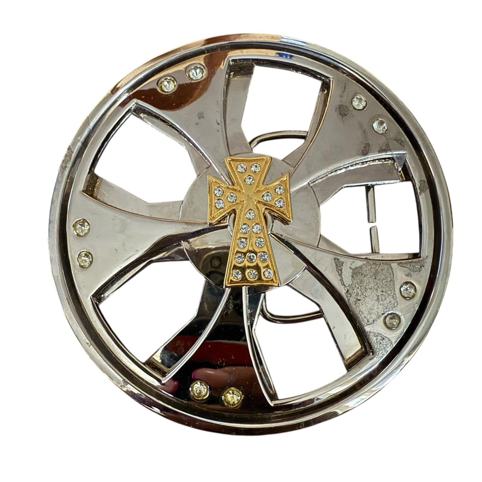 Vintage Iron Cross Spinner Belt Buckle Chrome Gold Two Tone Y2K Industrial Rave