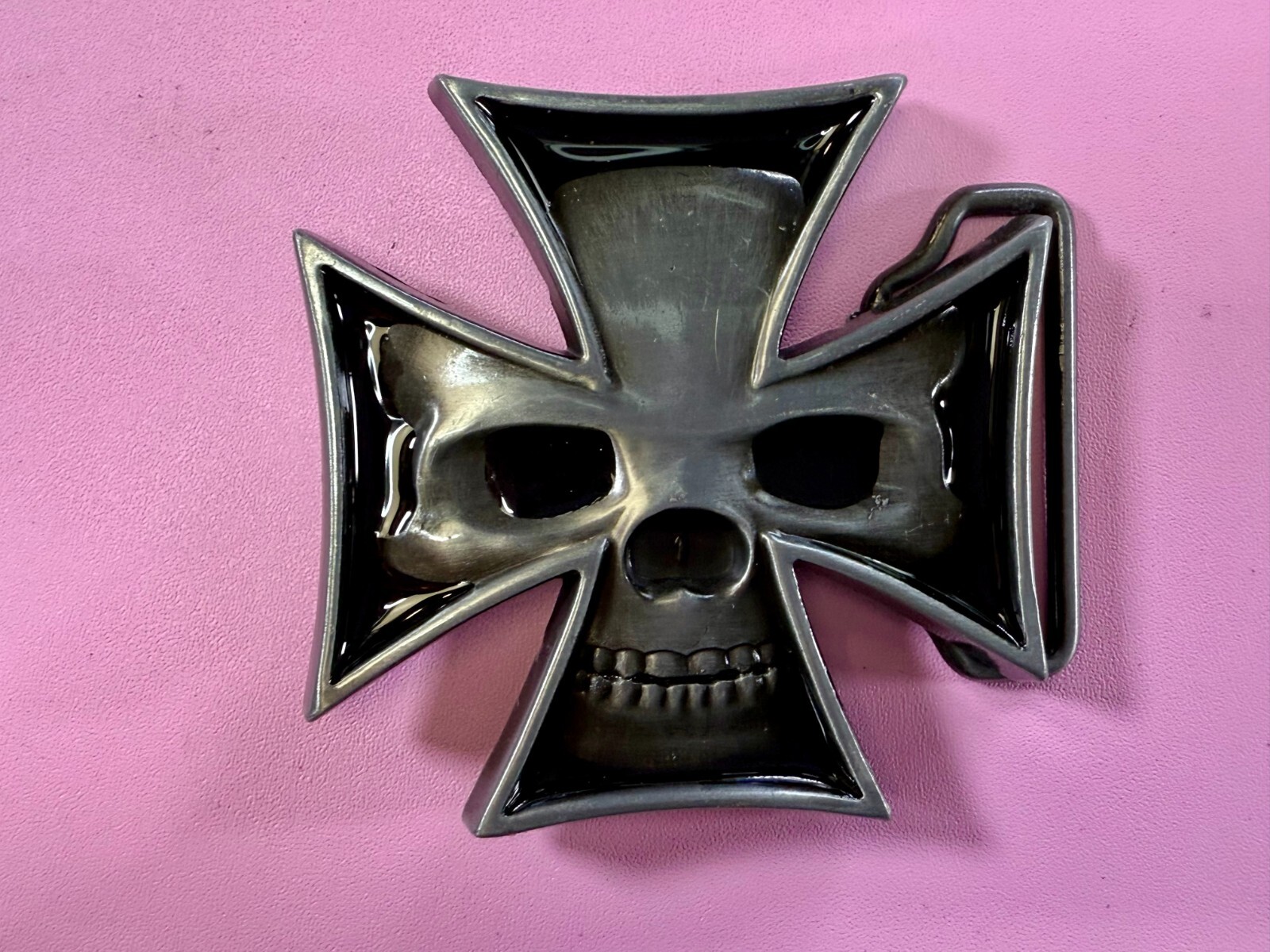 Maltese Iron Cross with Skull Reflective Cutout Gothic Punk Vibe Belt Buckle