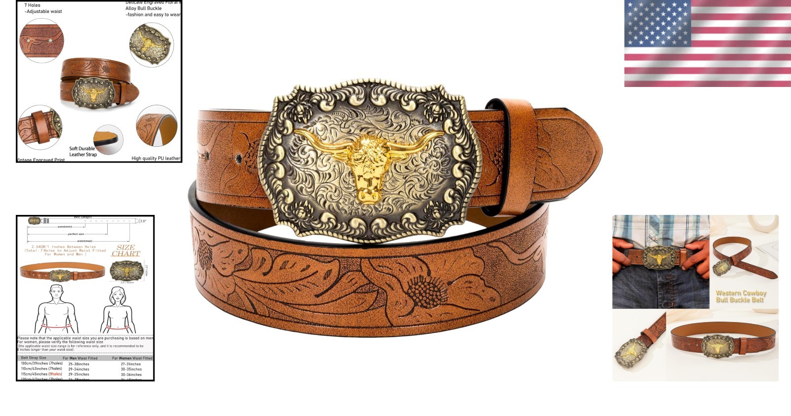 Western Cowboy-Belts for Men Big-Buckle Longhorn-Bull PU-Leather Rodeo Cowgir…