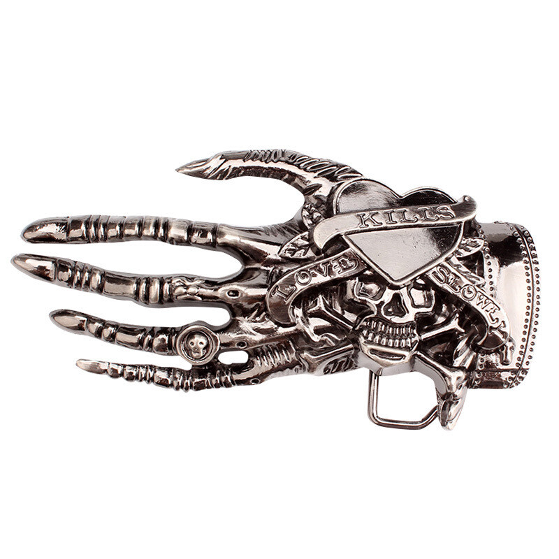 3 PCS Set Love Kills Slowly Hand Bone Skull Western Belt Buckles for Men & Women