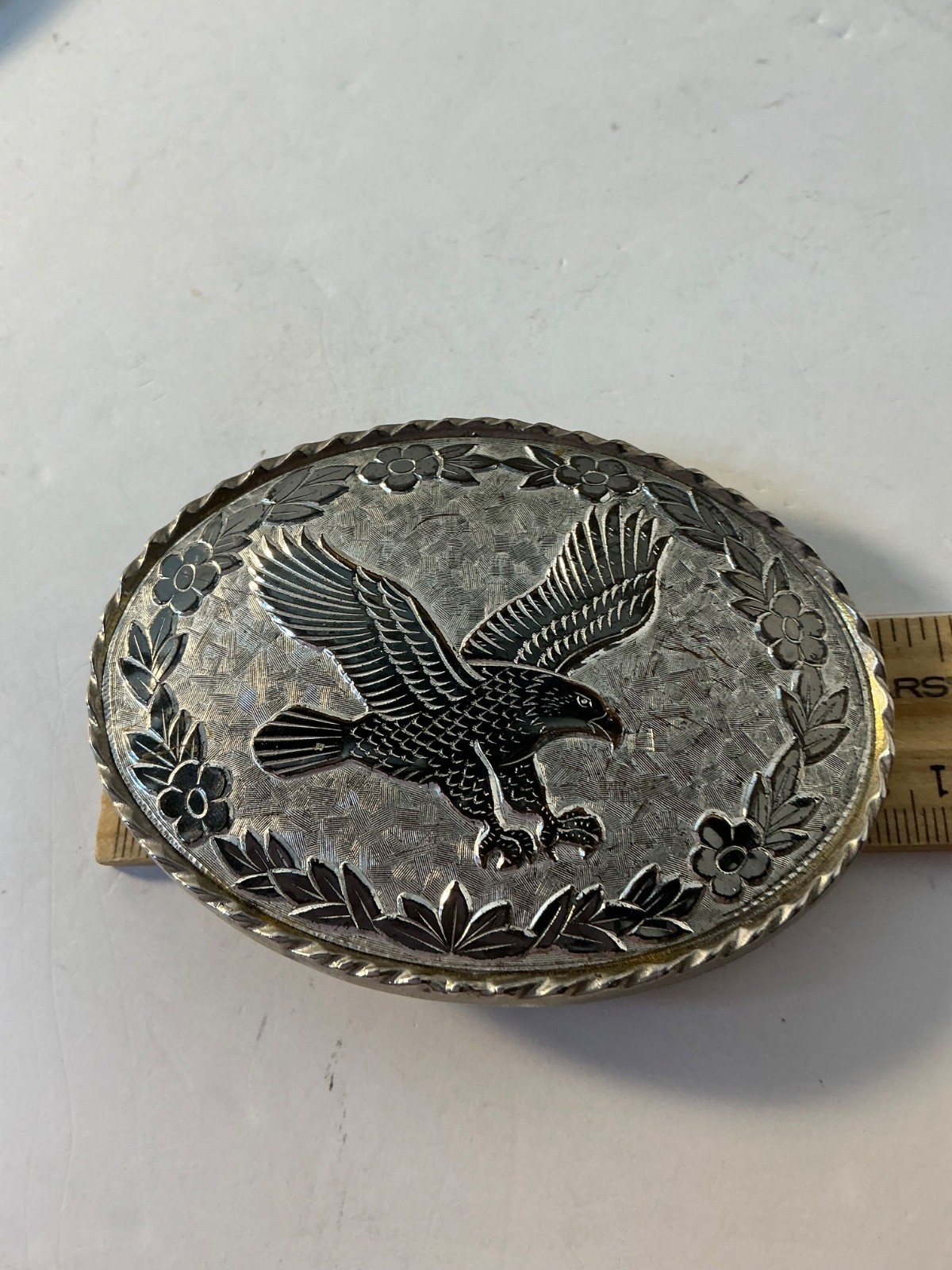Vintage American Flying Eagle Oval Belt Buckle Etched Leaf USA Made Silver Tone