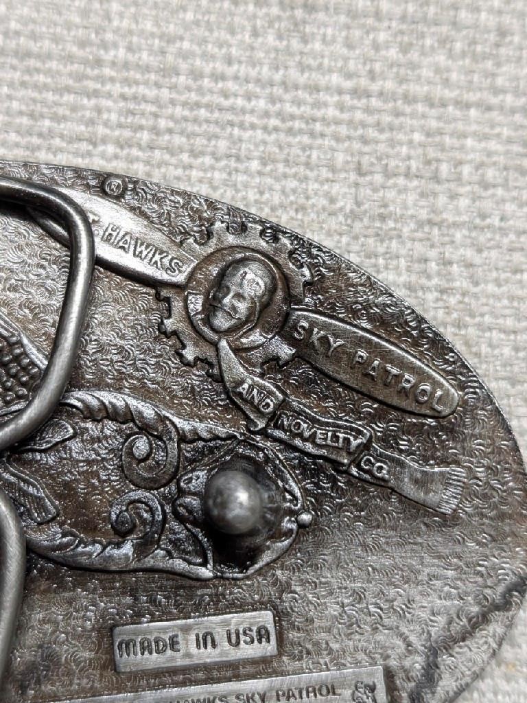 vintage USA made FISHING belt buckle 1970s brass TROUT sky patrol CAPT HAWKS