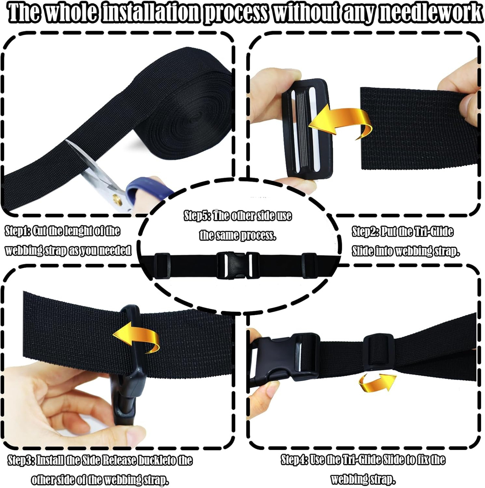 Webbing Straps 1.5 Inch Heavy Duty No Sewing Pack of 4 Buckles Clips 12 Pcs for