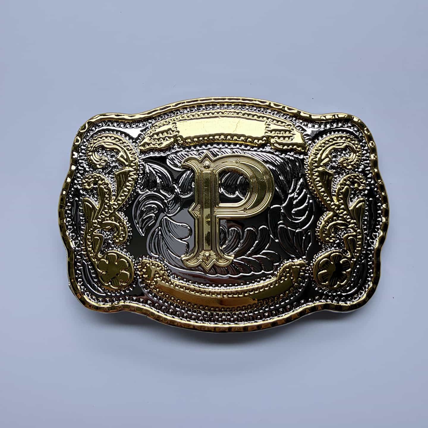 Bright Silver With Gold Initial Letter A-Z Cowboy Cowgirl Rectangle Belt Buckle