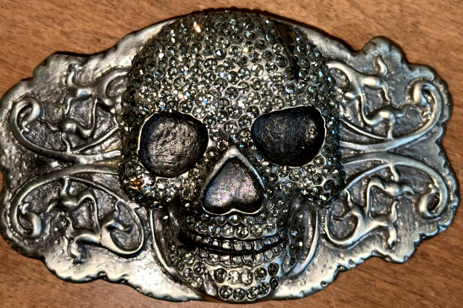 FREE SHP! Silver Dagger Belt Buckle Skull Metal Black Iridescent Rhinestones