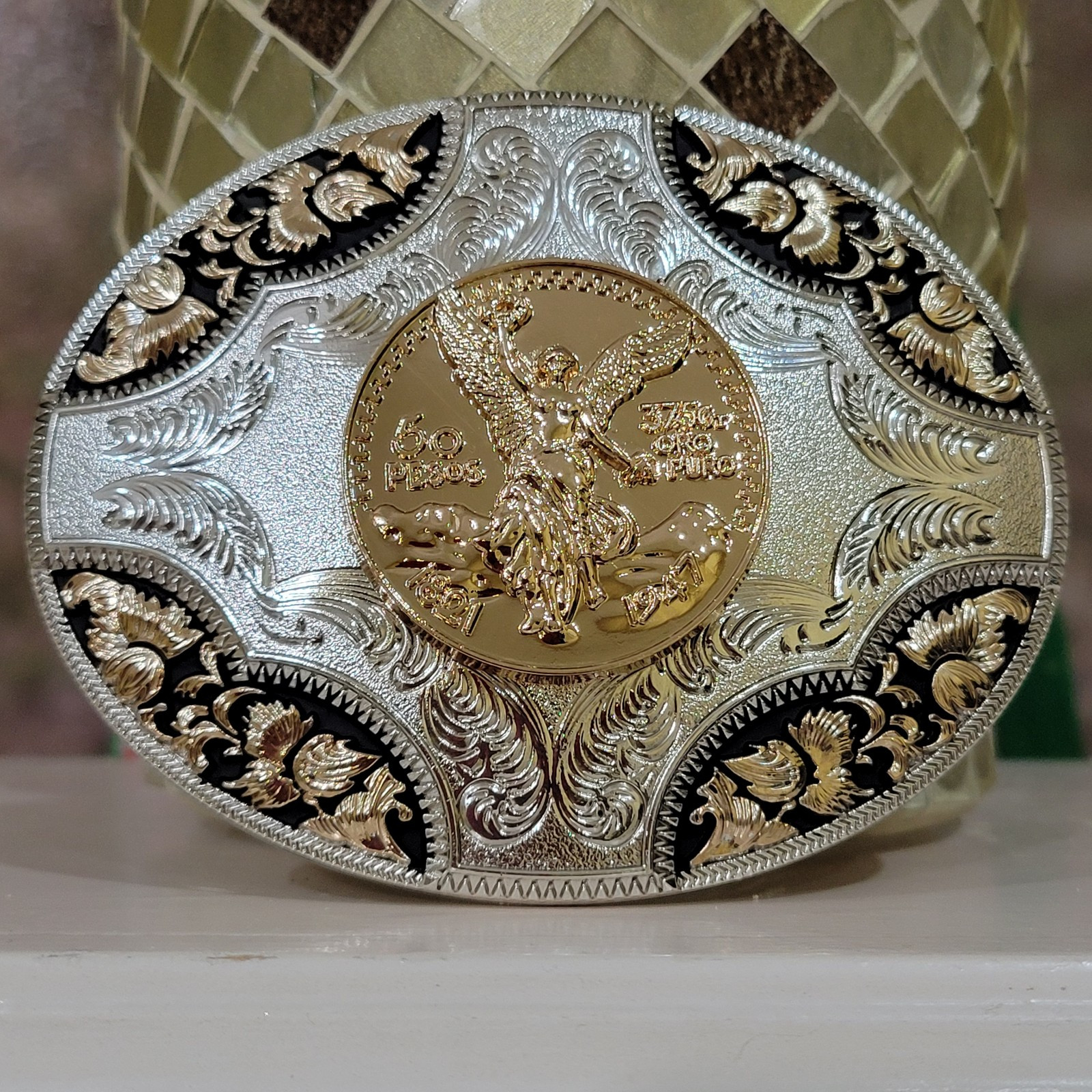 Centenario Cowboy Belt Buckle Western Hebilla Rodeo Silver Rosetone Coin Oval