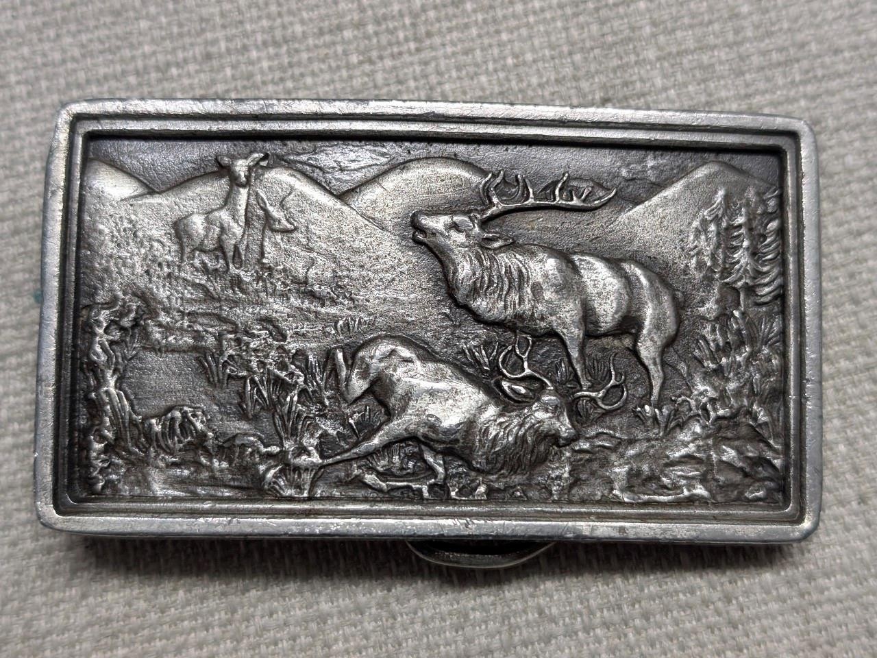 1970s vintage USA made INJURED ELK belt buckle BRASS heavy WESTERN deer nature