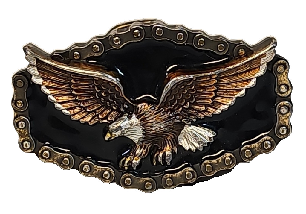 VTG 1983 Great American Buckle Co. Chicago Belt Buckle Enamel Eagle Biker Chain.