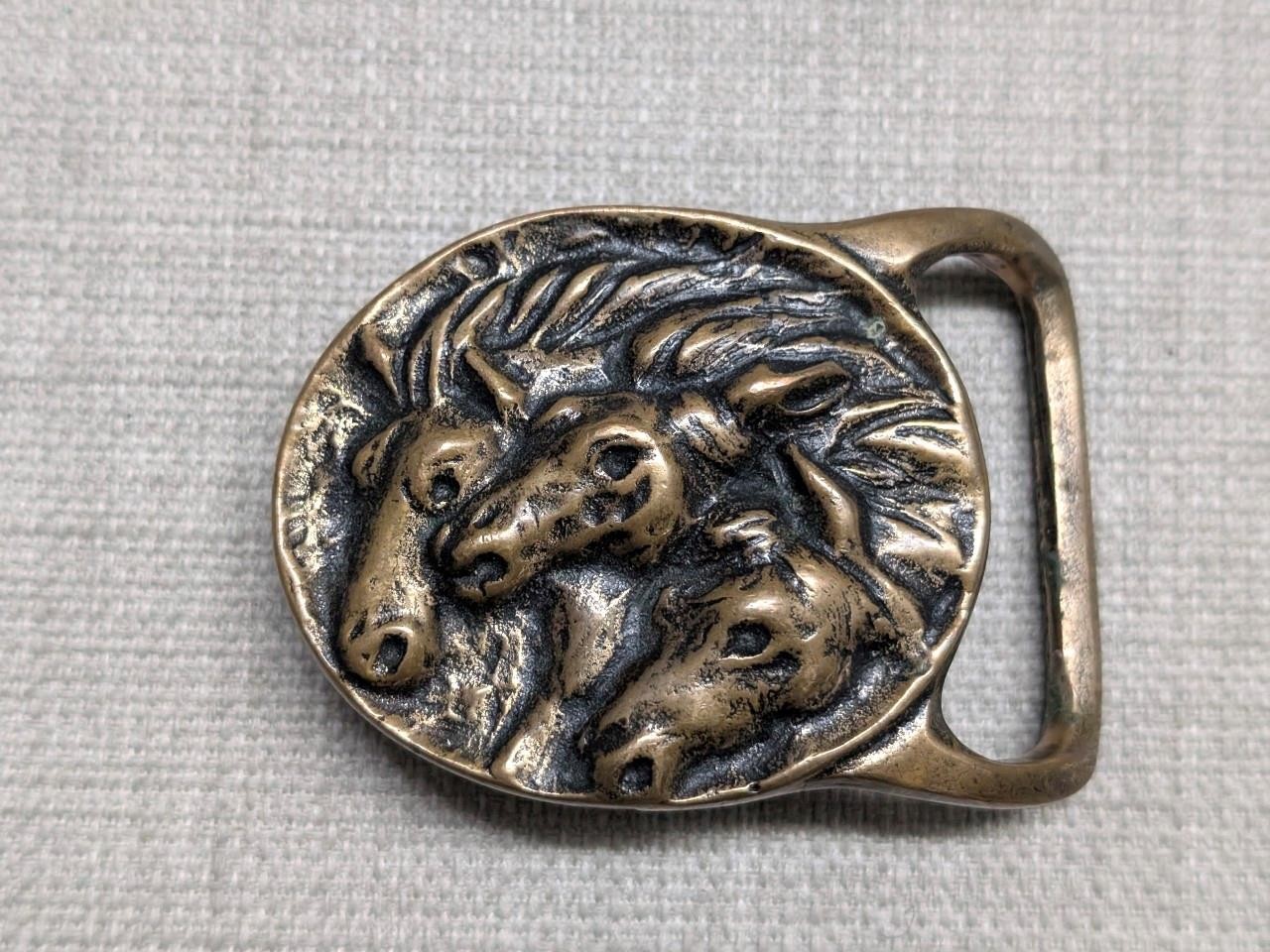 1970s vintage SOLID BRASS belt buckle PHAROHS HORSES western TECH ETHER GUILD