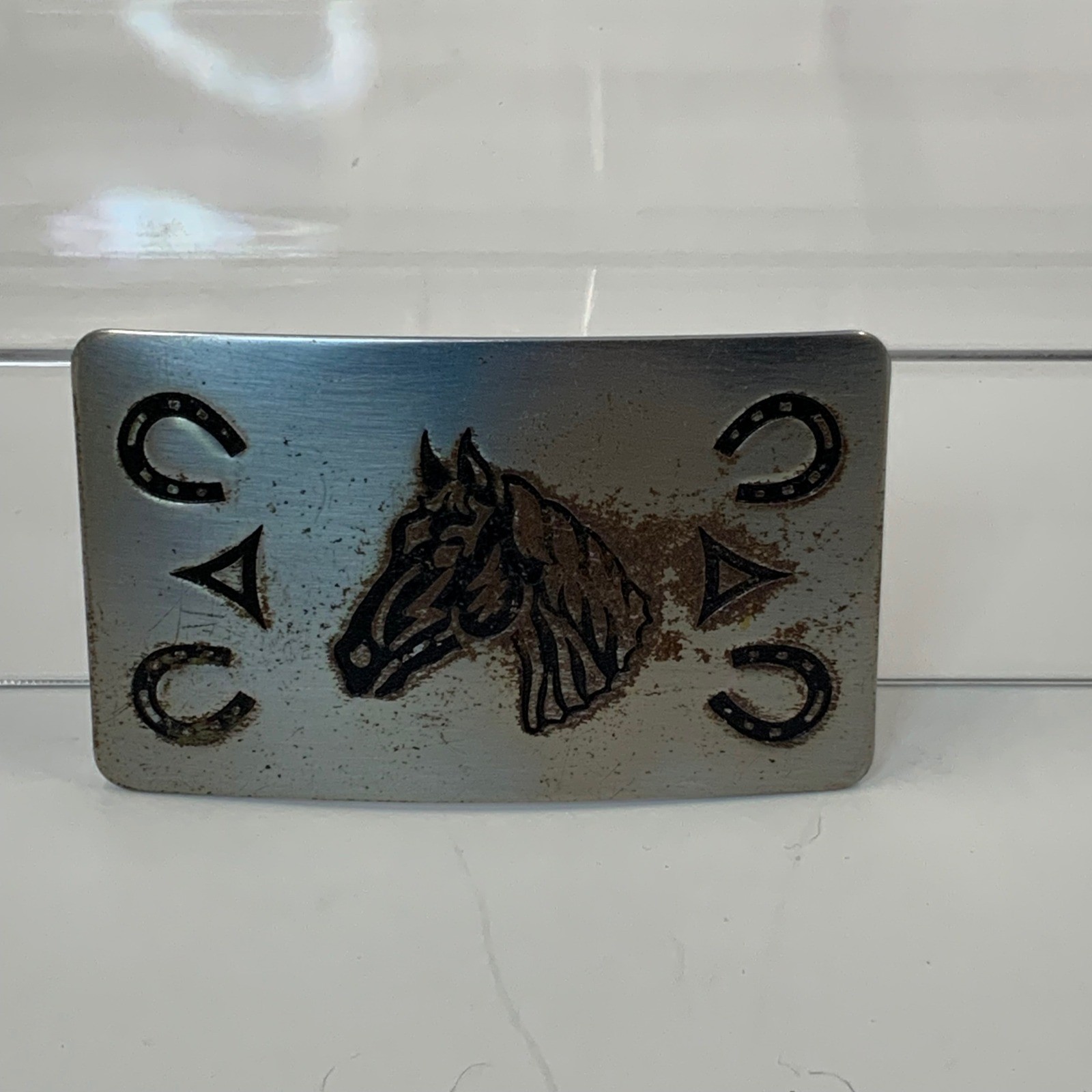 Vintage Chambers Best Co Horse Head Horseshoe Belt Buckle Silver Tone USA Made