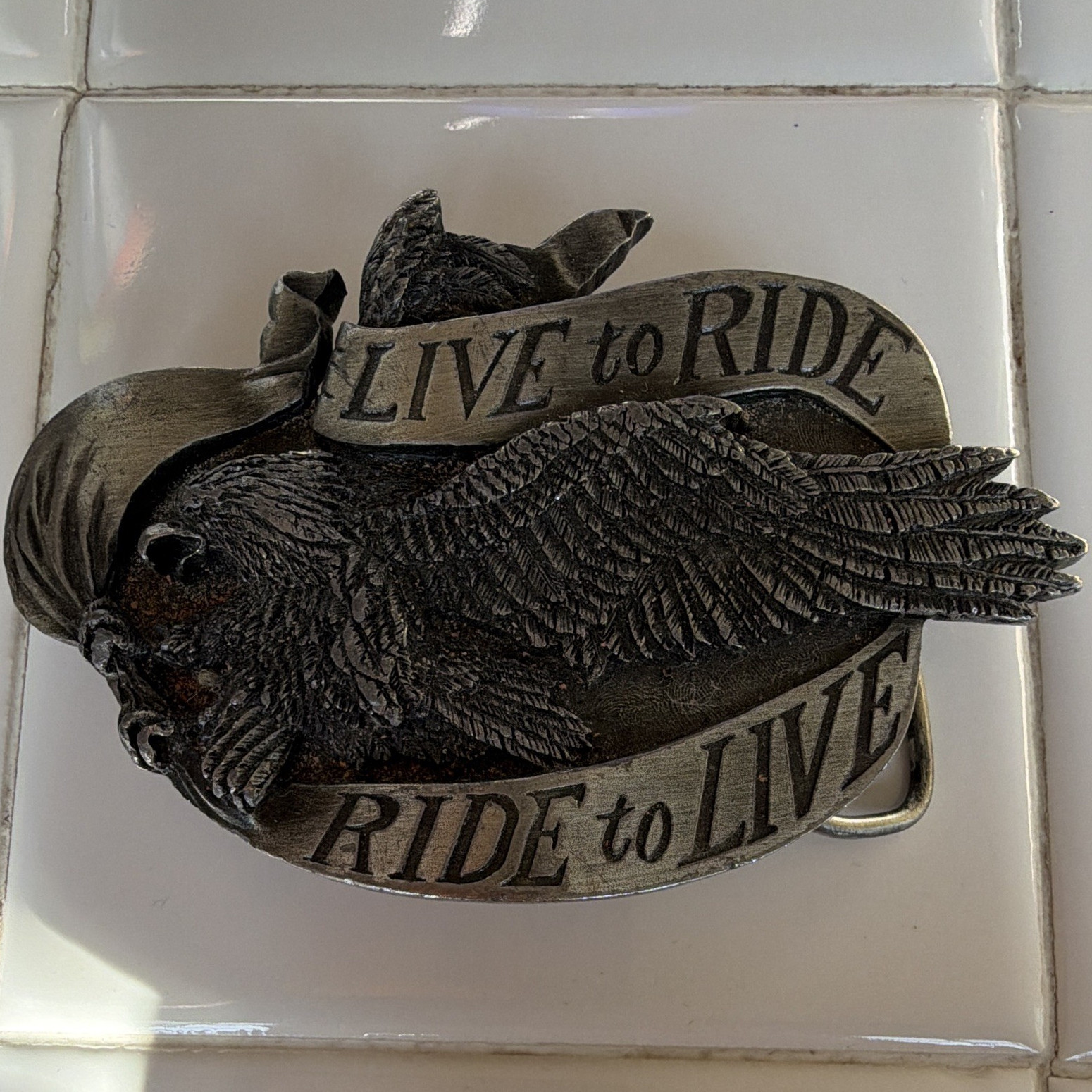 Bergamot Brass Works R-37 Men&rsquo;s Eagle Biker Western Belt Buckle Silver Brass
