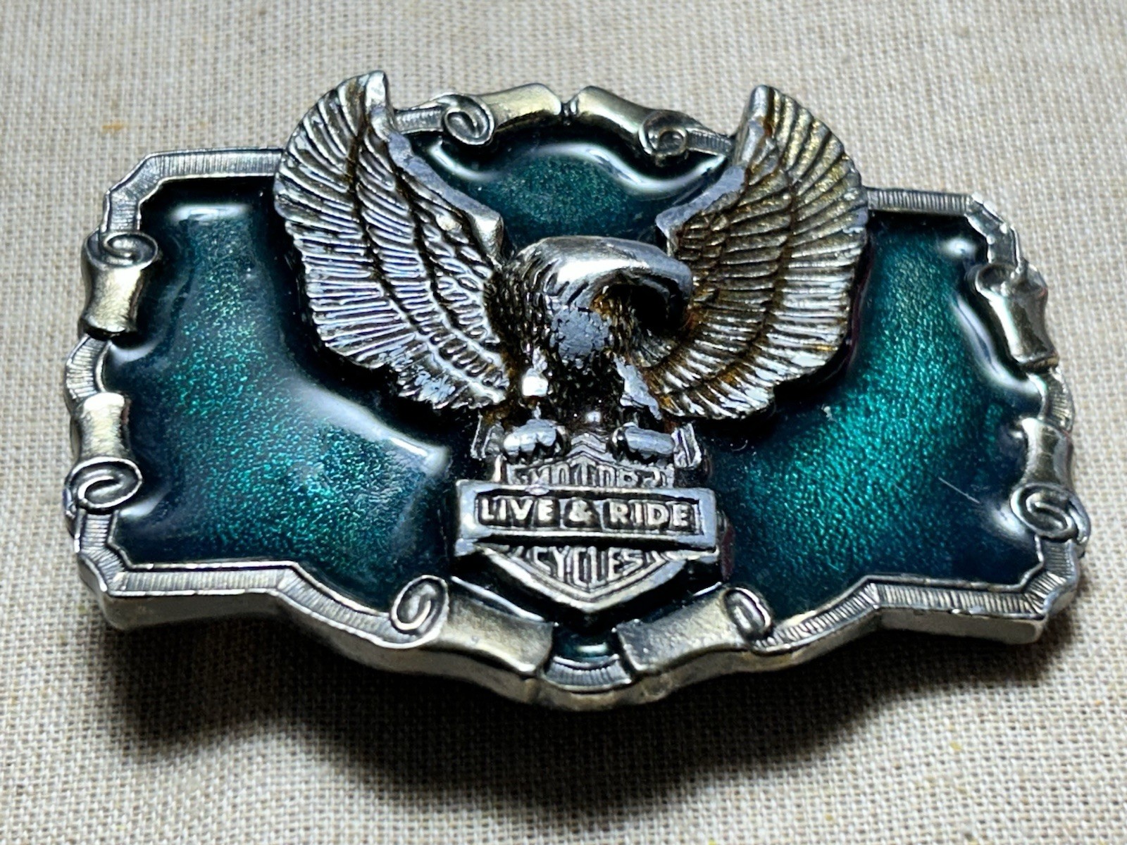 Vintage Eagle Live To Ride Belt Buckle Green Enamel 1983 Made In USA