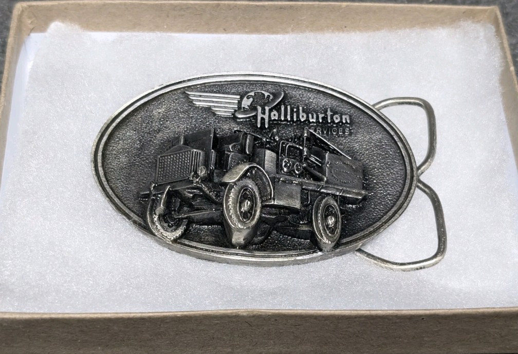 VIintage Halliburton Services Belt Buckle Mens Silver 1916 FWD Truck Pumper 80s
