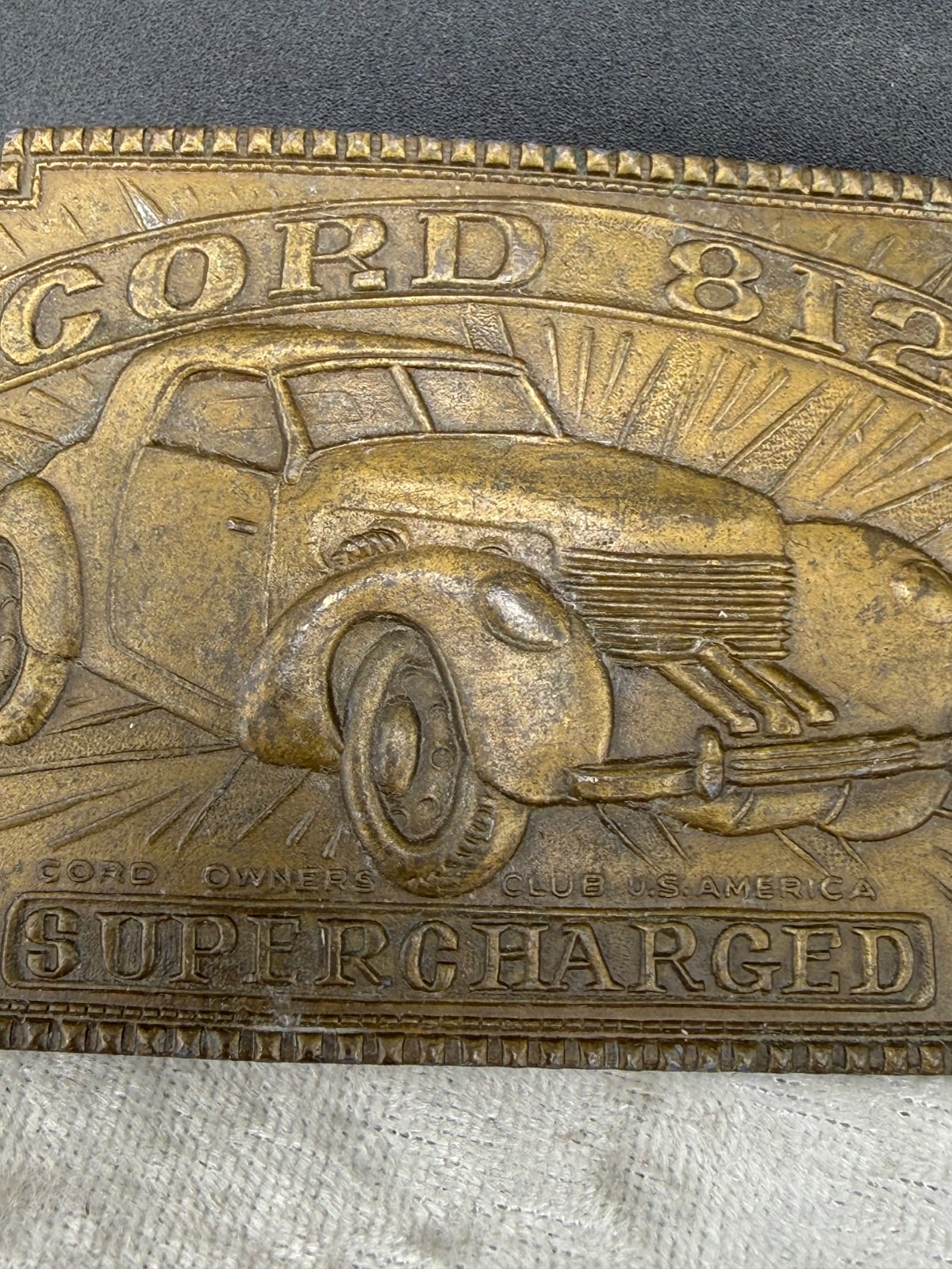 Vintage Cord 812 Car Belt Buckle Supercharged Gold Tone