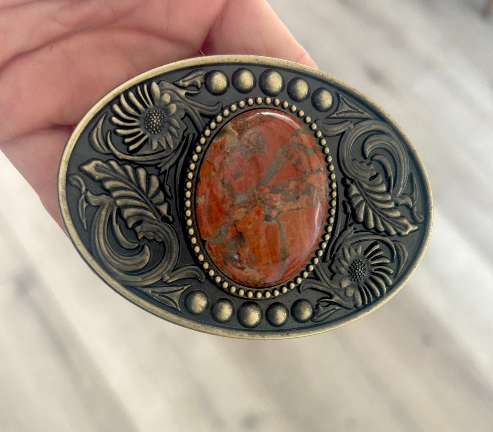 Burnt Orange Stone Western Belt Buckle Agate Inlay Cowboy Brass 1.5in Strap Fit