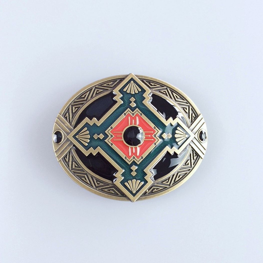 Vintage Bronze Plated Cross Celtic Knot Southwest Enamel Oval Belt Buckle
