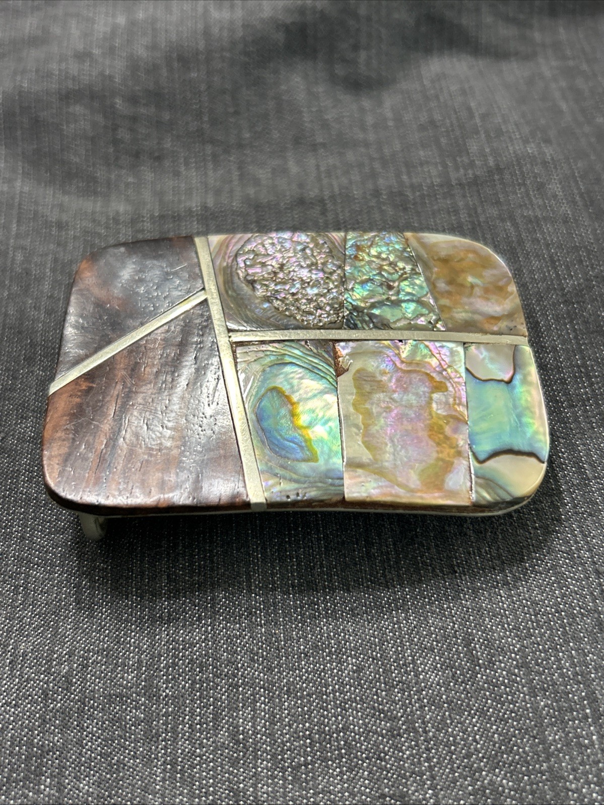 Gorgeous Belt Buckle Wood Abalone Shell Silver Tone Mexico