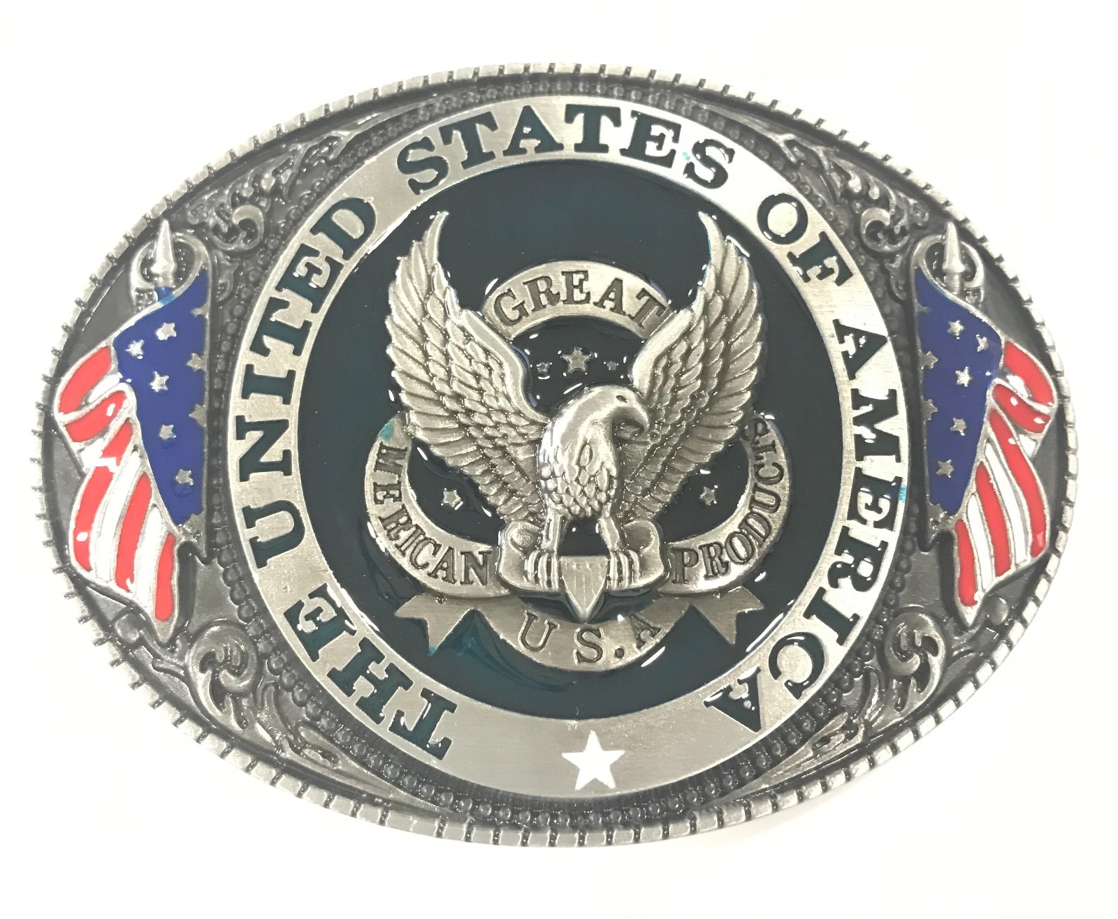 United States of America Bald Eagle Belt Buckle, Flag, USA, Antique Silver Tone