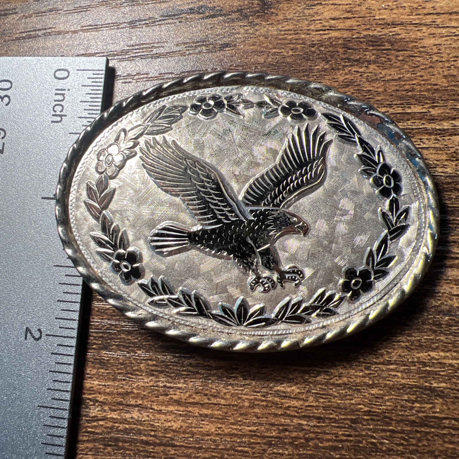 Vintage American Flying Eagle Oval Belt Buckle Etched Leaf USA Made Silver Tone