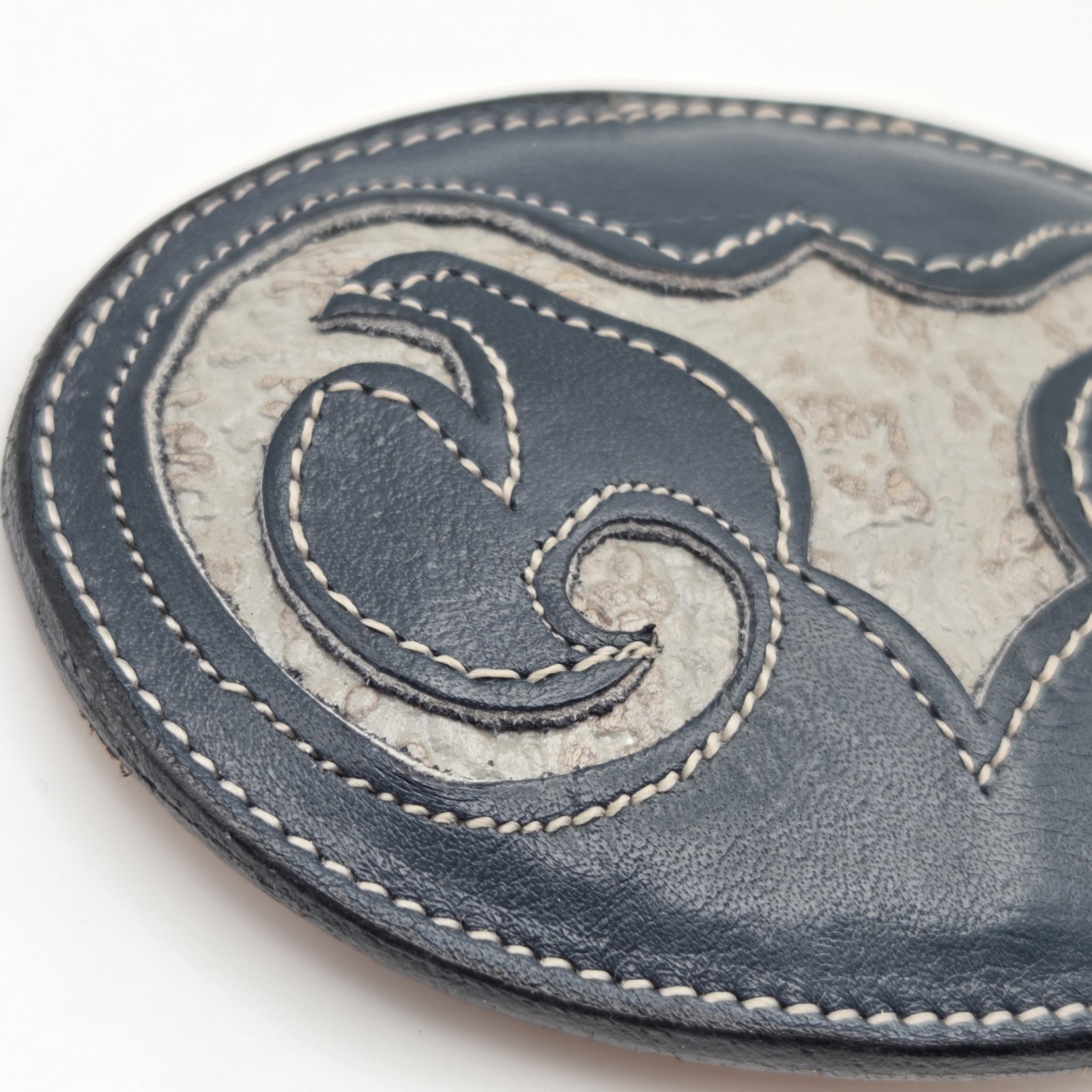 Vintage Tony Lama Navy Blue & Gray Antelope Skin Belt Buckle Made In USA