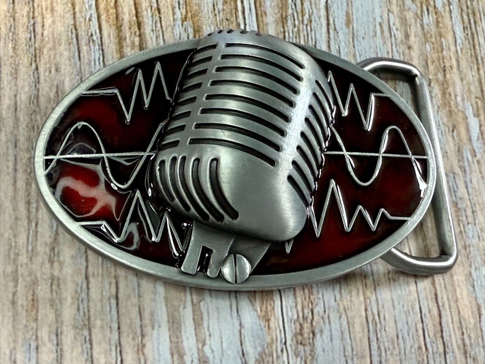 Retro Music Elvis Style Microphone Red Enameled Musician Ribbon Mic Belt Buckle