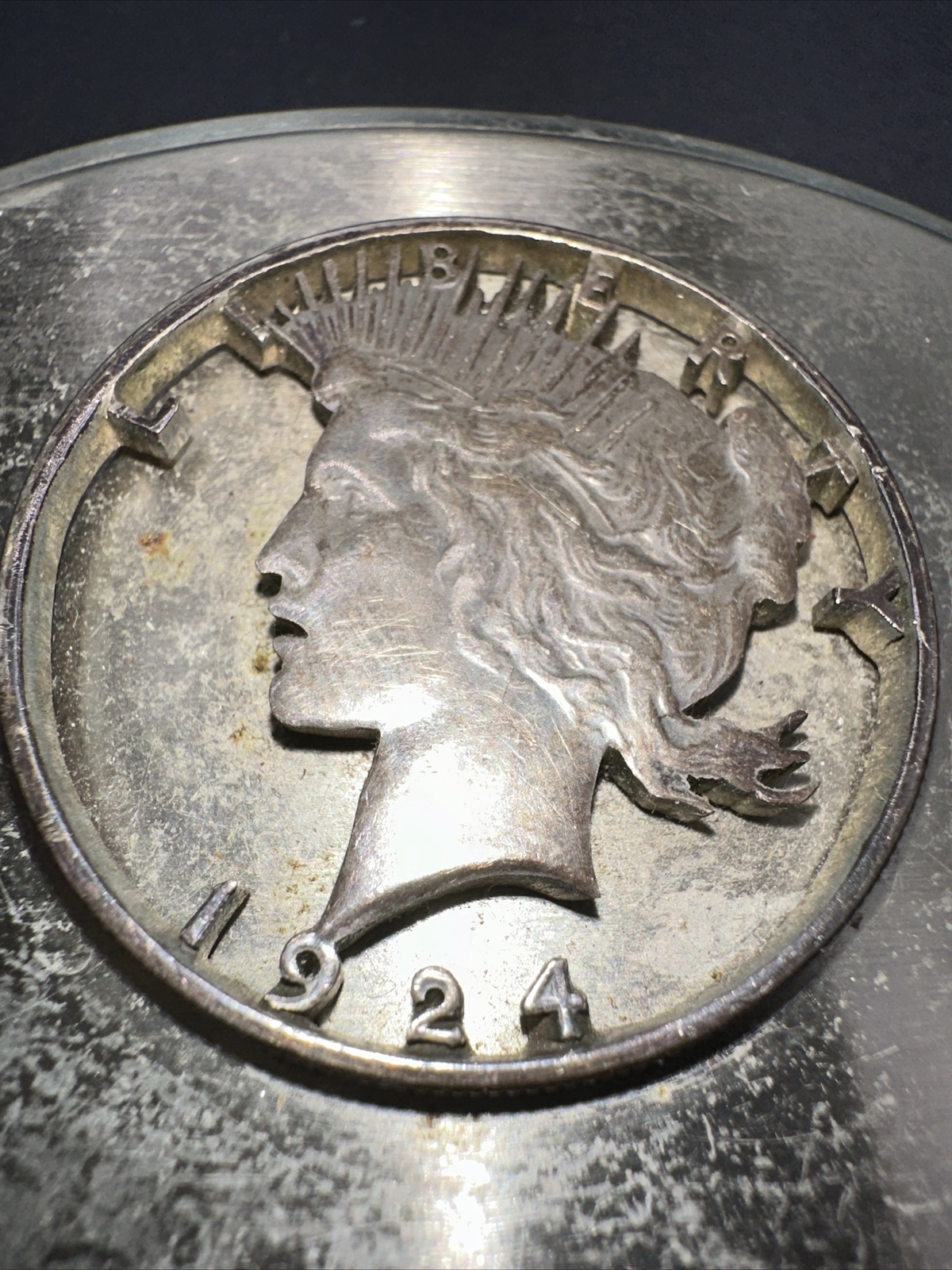 1924 Peace Silver Dollar Cutout Coin & Ornate Belt Buckle
