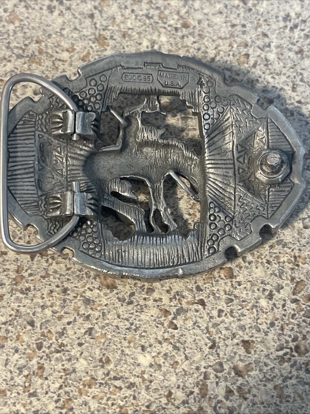 Diamond Cut Pewter Man Riding Horse Belt Buckle