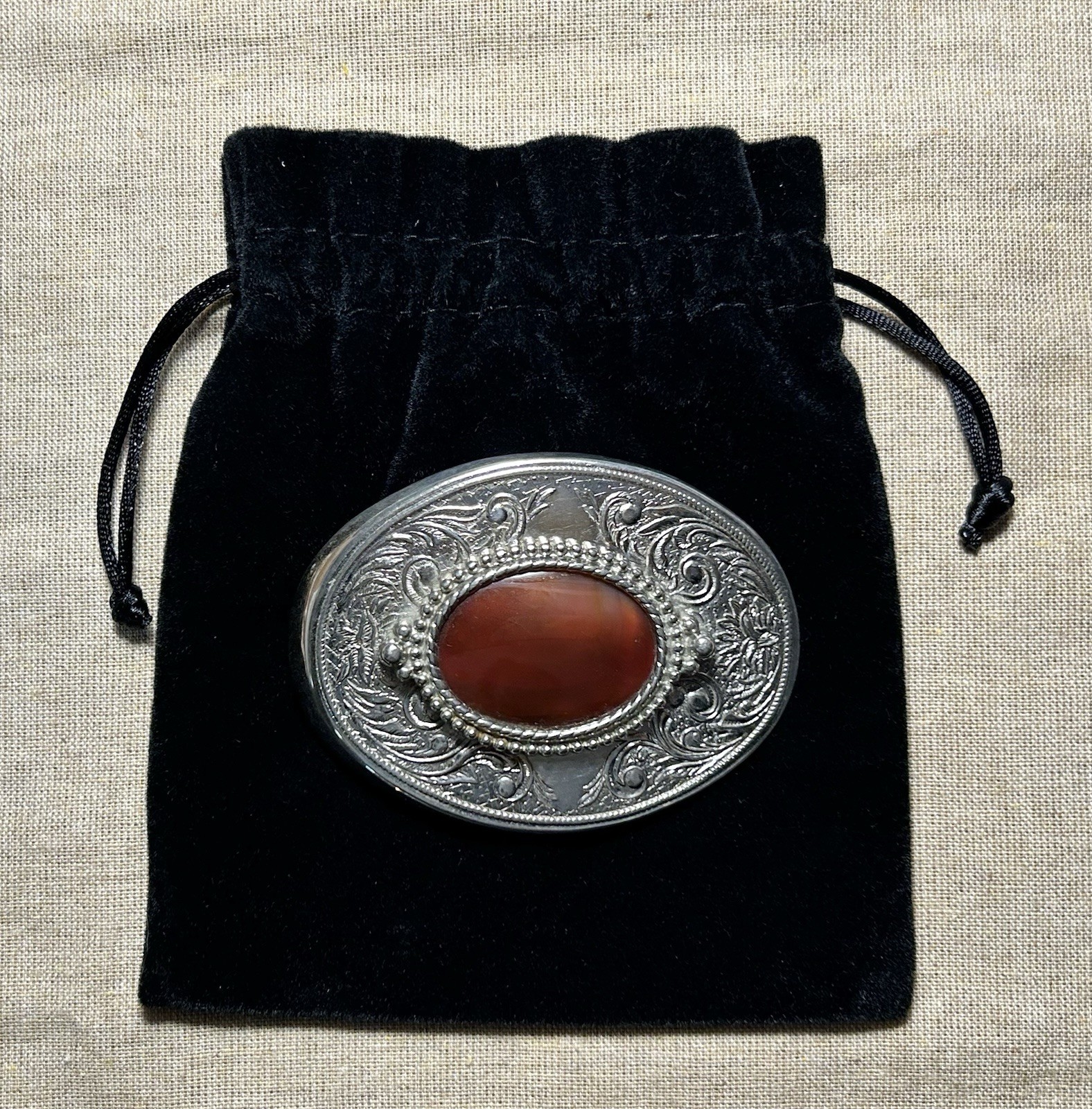 Vintage Style Western Silver Tone Belt Buckle Red Cabochon Stone Engraved Oval