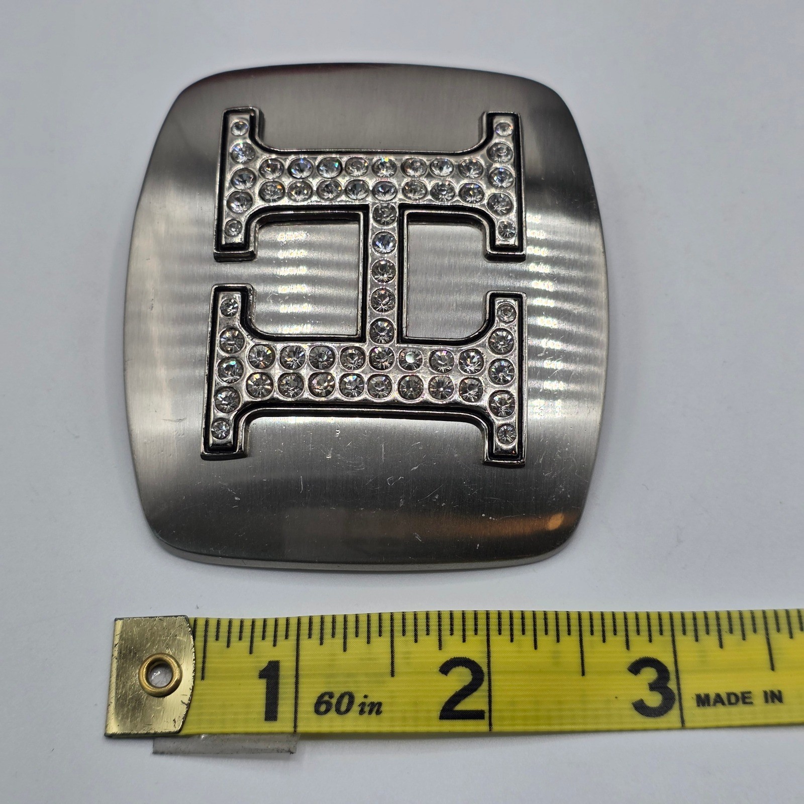 Silver Tone Letter H Rhinestone Initial Belt Buckle Brushed Metal Rectangle