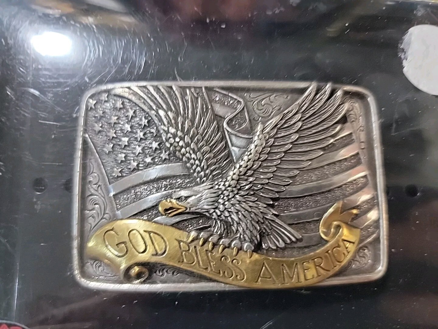 Nocona God Bless America Eagle Buckle In Box Western Patriotic Brass Silver