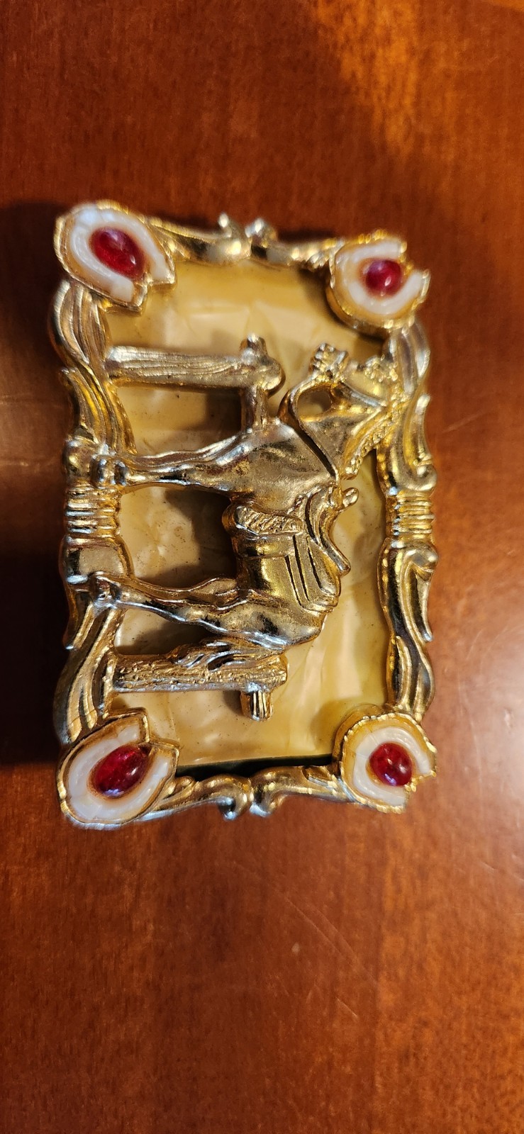 Western Horse Belt Buckle Gold Tone Red/White Enamel Clip Fits 1.5 in