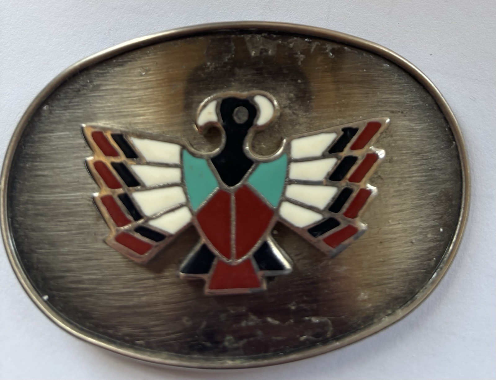 Oval Western Thunderbird Belt Buckle Metal Enamel Eagle Silver Tone