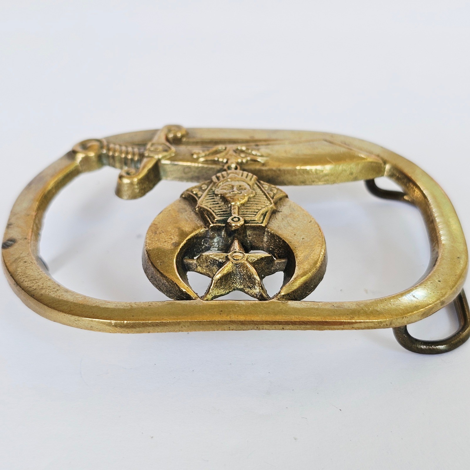 1980 Baron Shriners Masonic Belt Buckle Solid Brass Scimitar Pharaoh Star Vtg