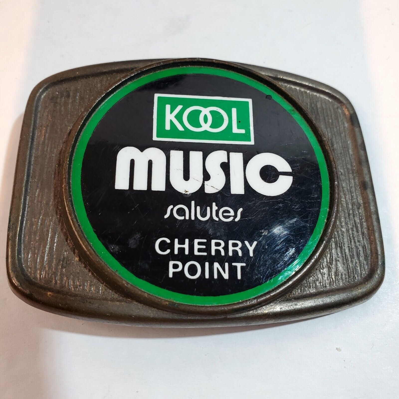 Vintage Kool Music Salutes Cherry Point Belt Buckle Pewter Tone Black Green