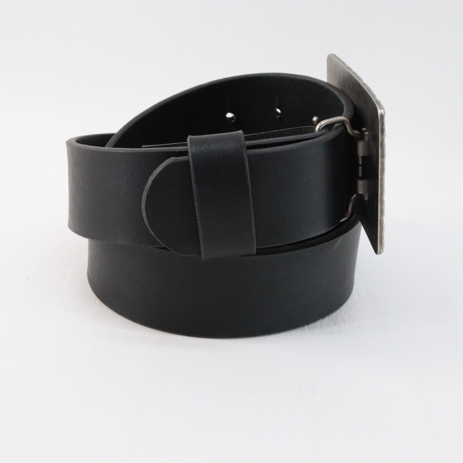 Hammered Belt Women Black Faux Leather Silver Plaited Buckle Cross Biker