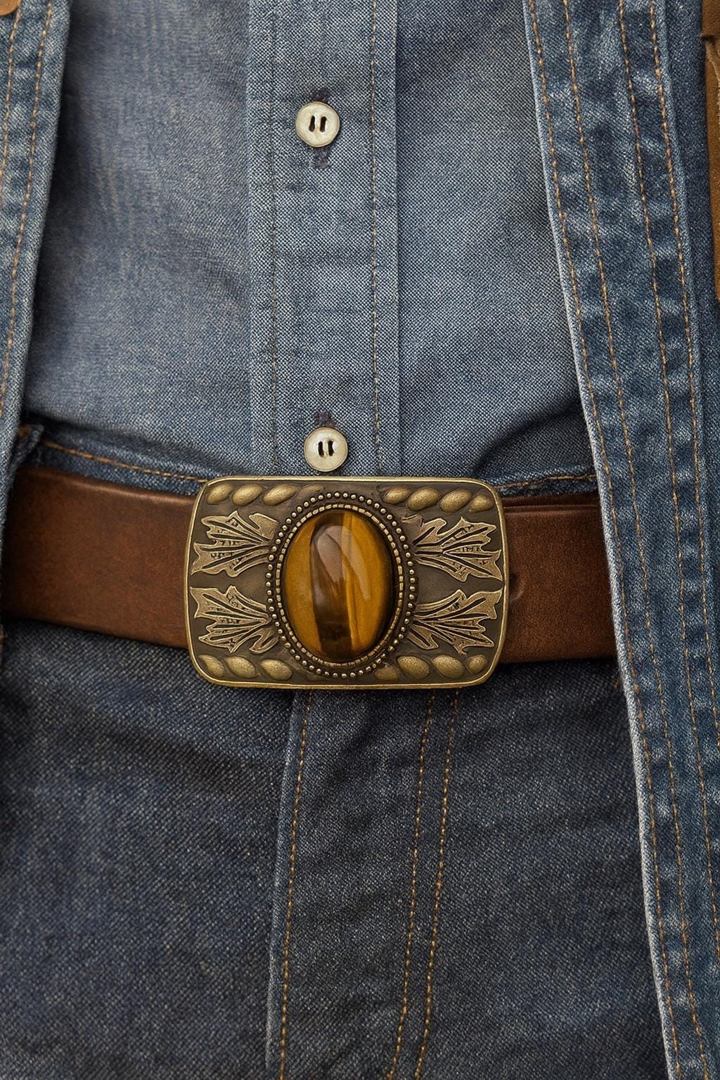 Tiger Eye Belt Buckle Antique Gold Western Cowboy Rodeo Cowgirl Statement Style