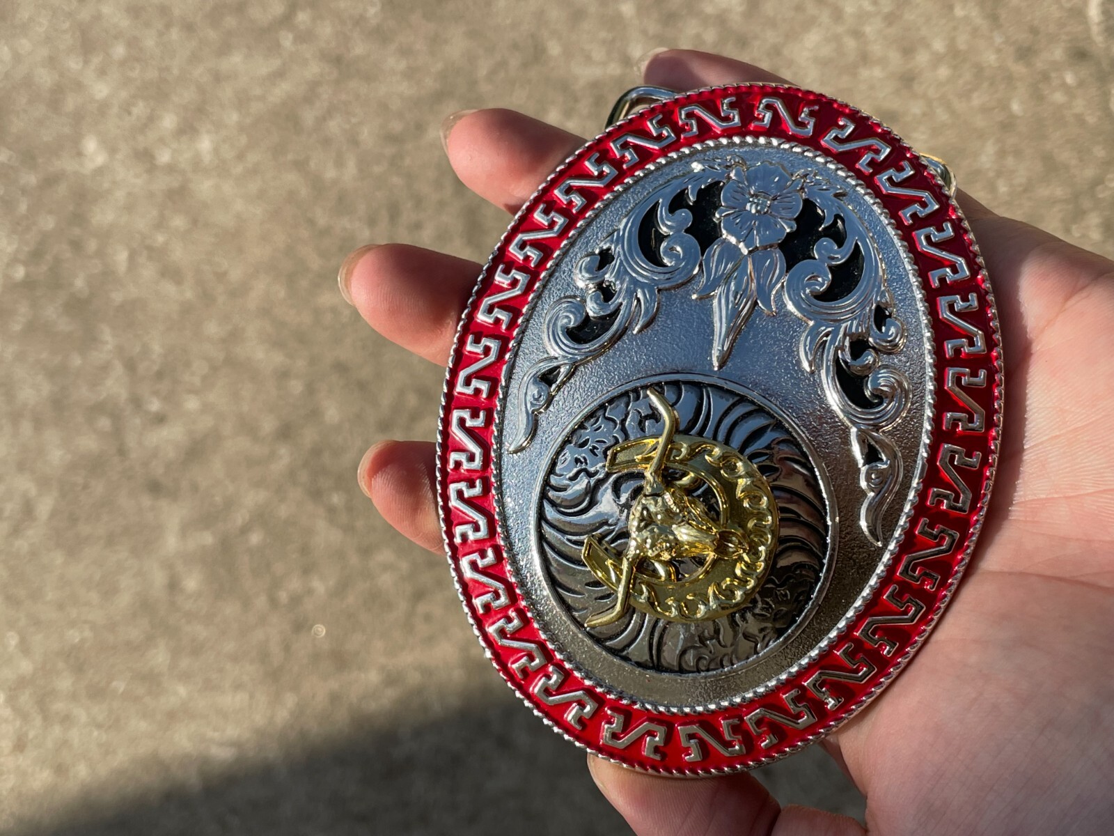Western Buckle Gold Silver Red Longhorn Horseshoe Rodeo Bull Cowboy Fit 2 »