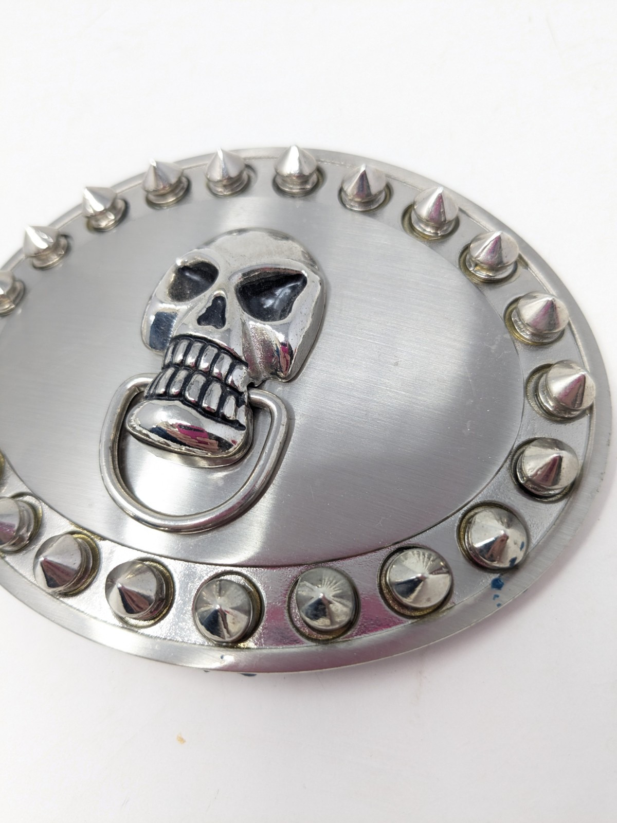 Silver Tone Oval Skull Belt Buckle With Spikes 1.5&Prime; Loop, 3.5&Prime; x 4&Prime; Goth, Biker