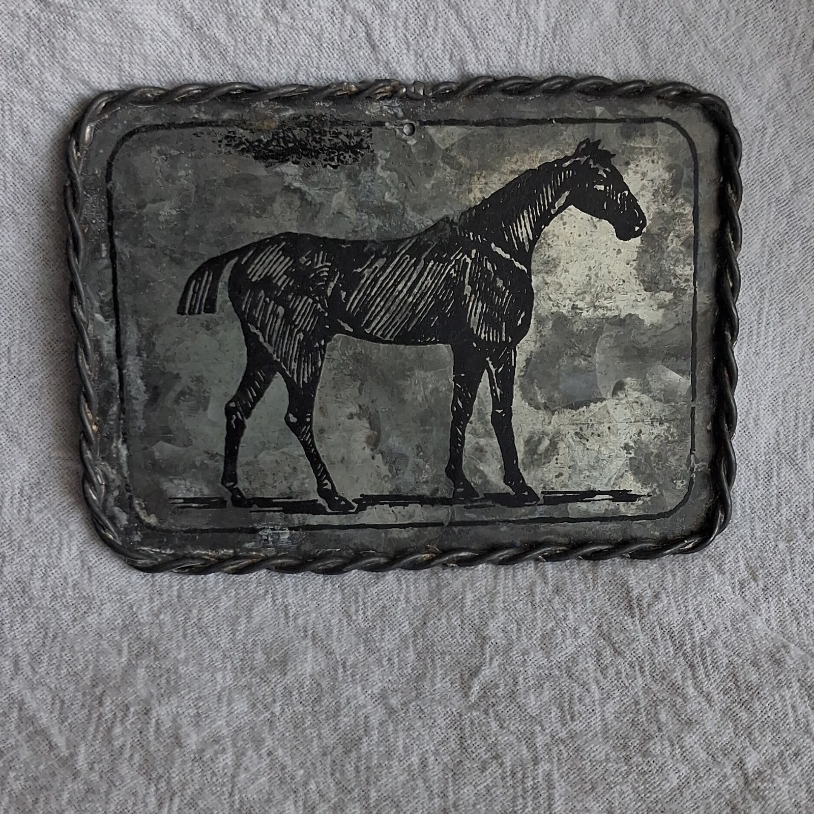 Rectangle Western Horse Print , Metal Braided Edge, Silver/Black