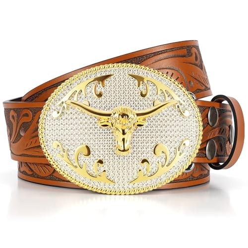Cowboy Belts for Men Women, 35&Prime;-38&Prime; Wasit Adjustable Brown/Gold Bull Buckle