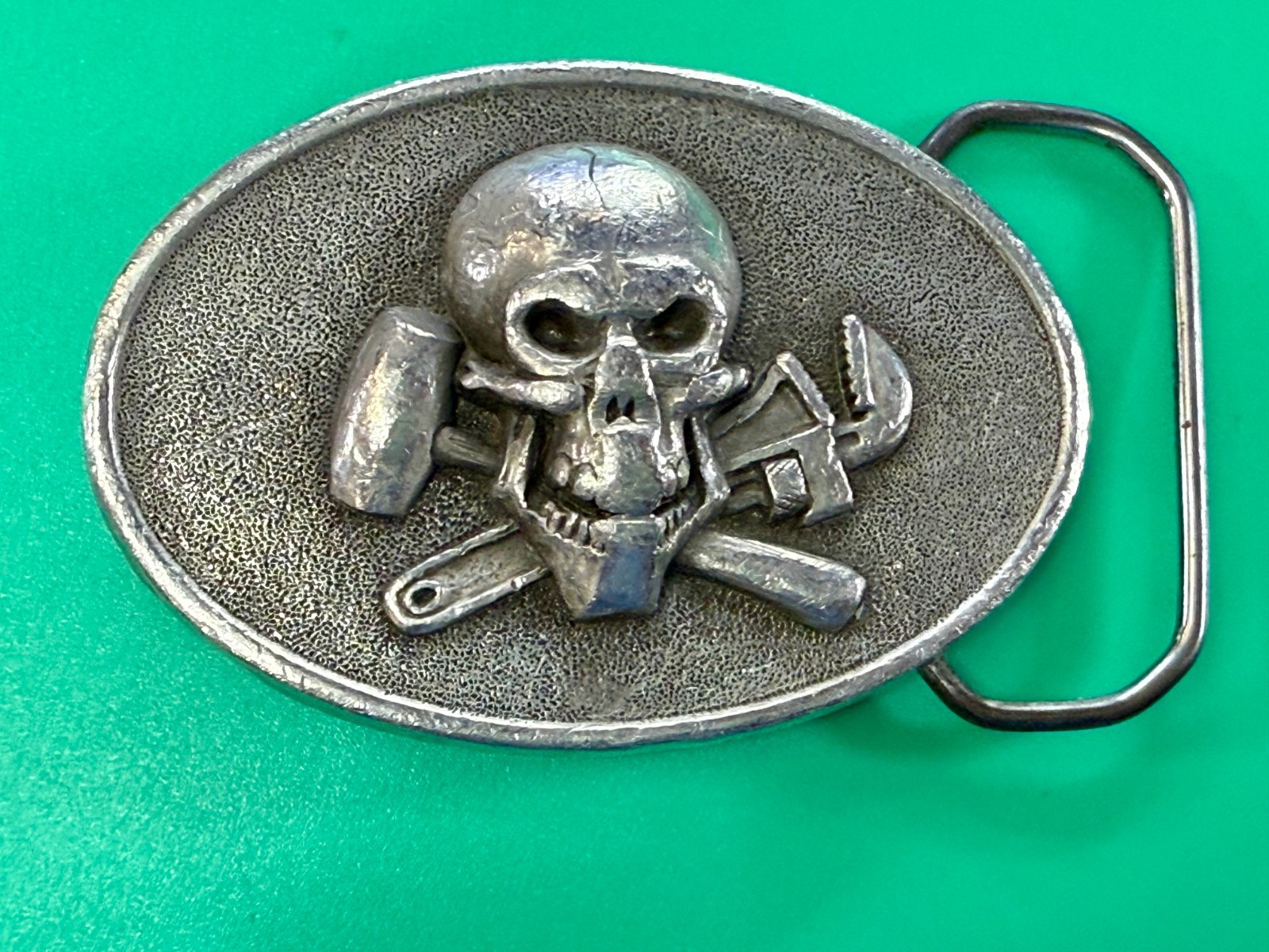 Mechanic Skull Crossed Wrench Hammer Tool Solid Fine Pewter Belt Buckle