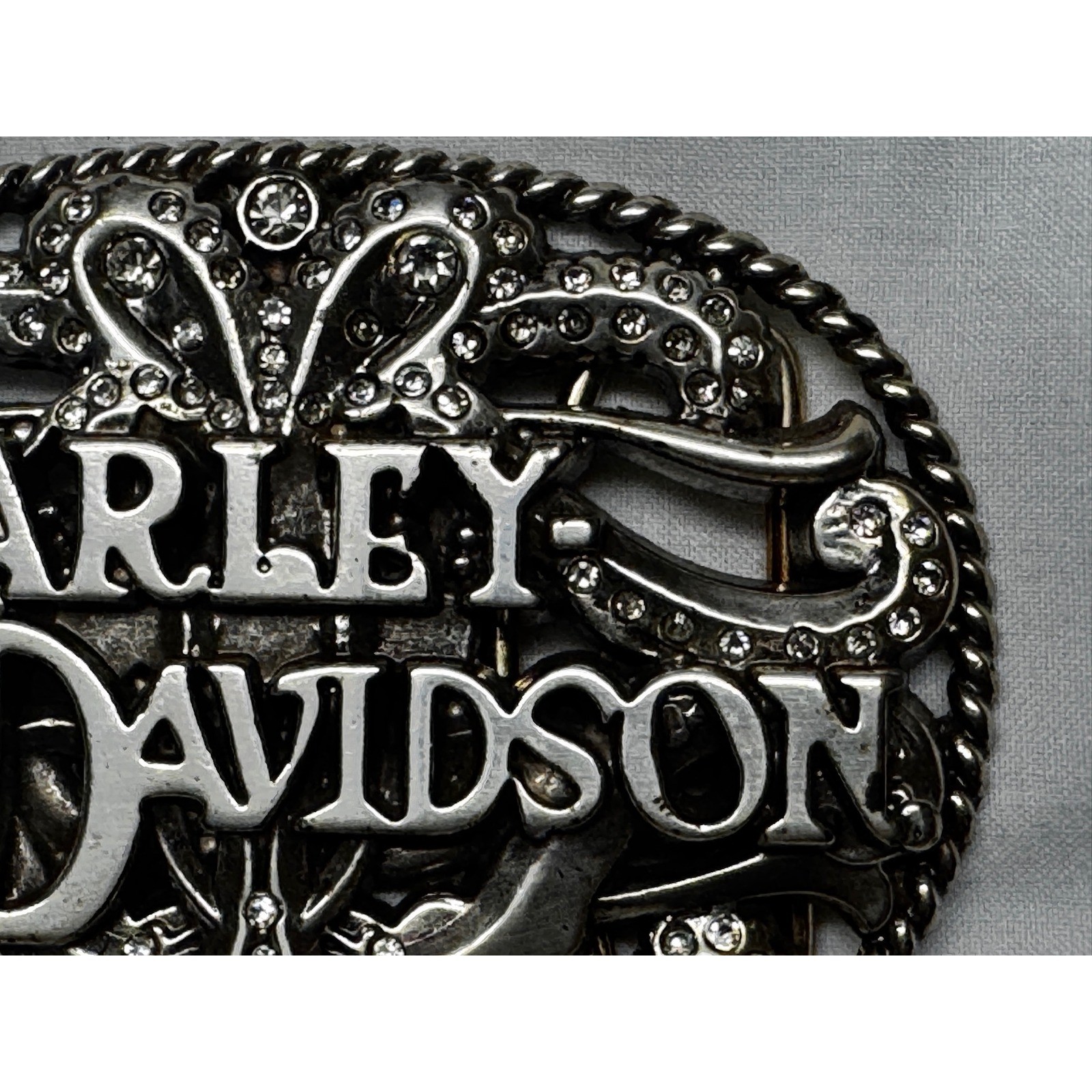 Harley Davidson Belt Buckle Silver Tone Filigree Rhinestone Biker Oval Scroll