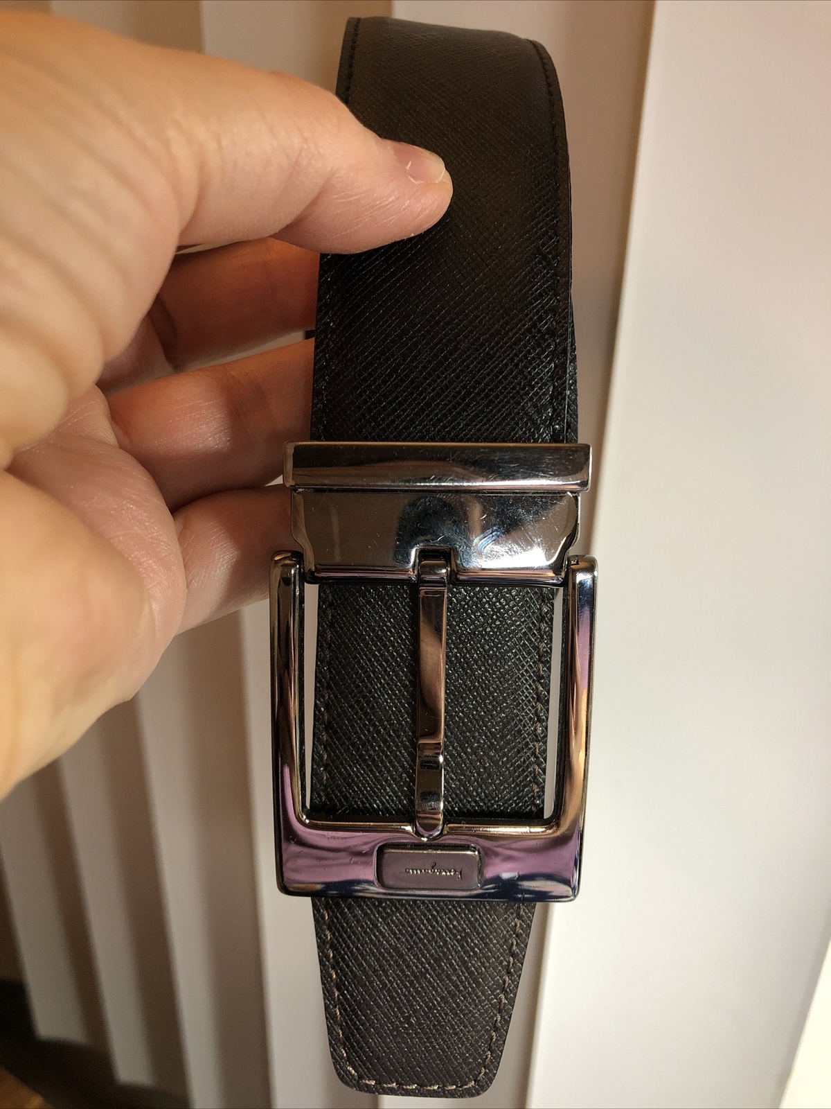 Salvatore Ferragamo Gun Metal tone Rectangle Buckle black leather belt